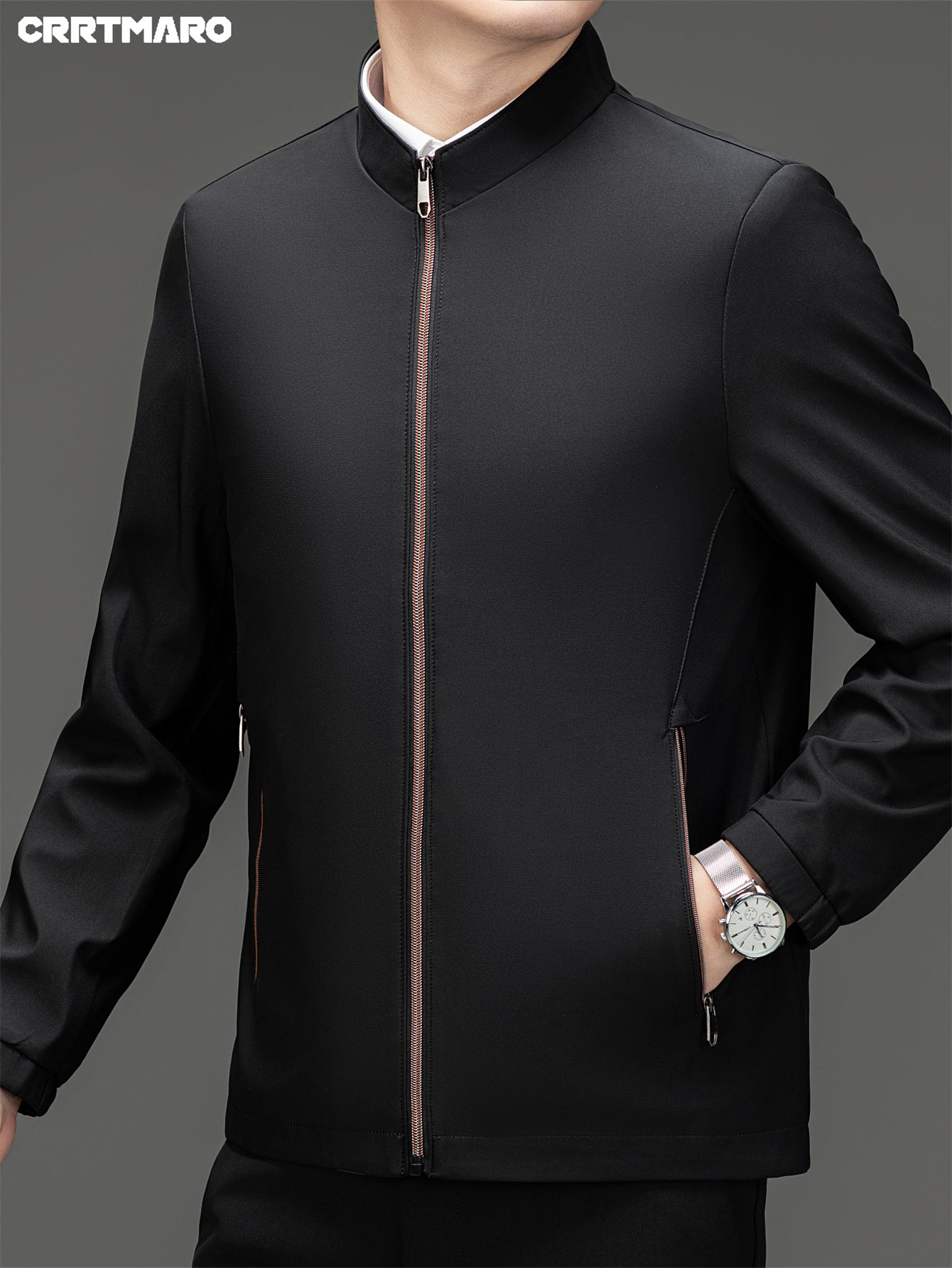 Men's loose solid jacket with zipper pockets, formal stand collar, zip up long sleeve outwear for outdoor.