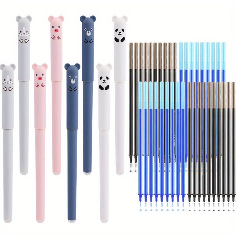 48-piece set of animal-themed erasable gel pens with blue and black ink, washable handles, and 0.5mm tips. ideal for office writing tasks. Includes 8 pens and 40 refills.