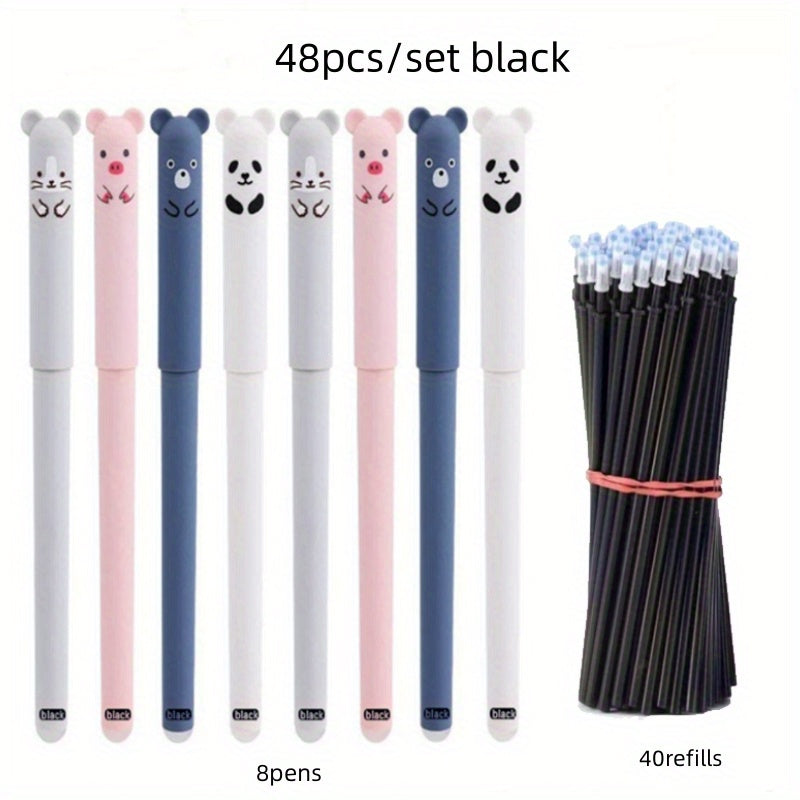 48-piece set of animal-themed erasable gel pens with blue and black ink, washable handles, and 0.5mm tips. ideal for office writing tasks. Includes 8 pens and 40 refills.