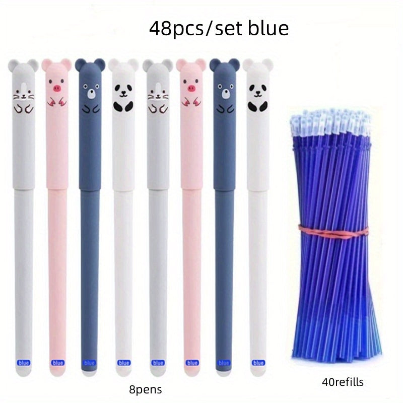 48-piece set of animal-themed erasable gel pens with blue and black ink, washable handles, and 0.5mm tips. ideal for office writing tasks. Includes 8 pens and 40 refills.