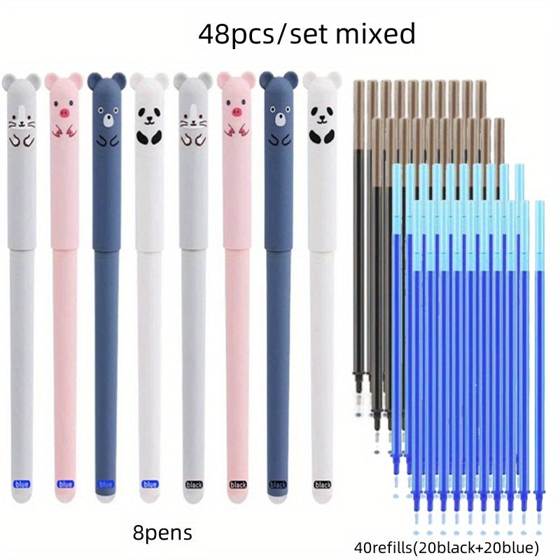 48-piece set of animal-themed erasable gel pens with blue and black ink, washable handles, and 0.5mm tips. ideal for office writing tasks. Includes 8 pens and 40 refills.