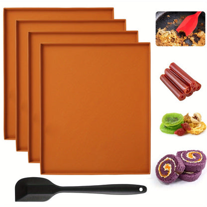 Set of 4 silicone dehydrator mats featuring a non-stick edge for easy removal of dried items. These multifunctional trays come with a silicone scraper and are dishwasher safe, making them ideal for making fruit leather, vegetables, and herbs.