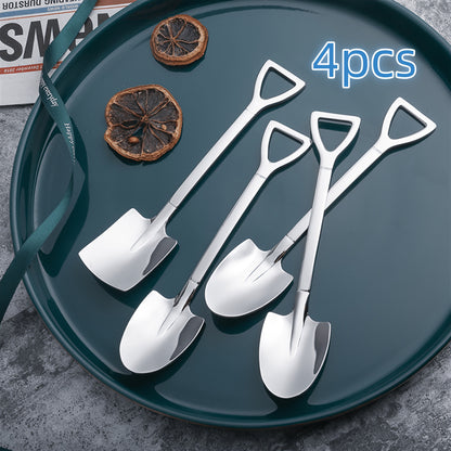 Four stainless steel spade spoons for creative desserts, fruit ice cream, and outdoor cooking.