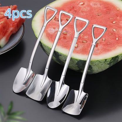 Four stainless steel spade spoons for creative desserts, fruit ice cream, and outdoor cooking.