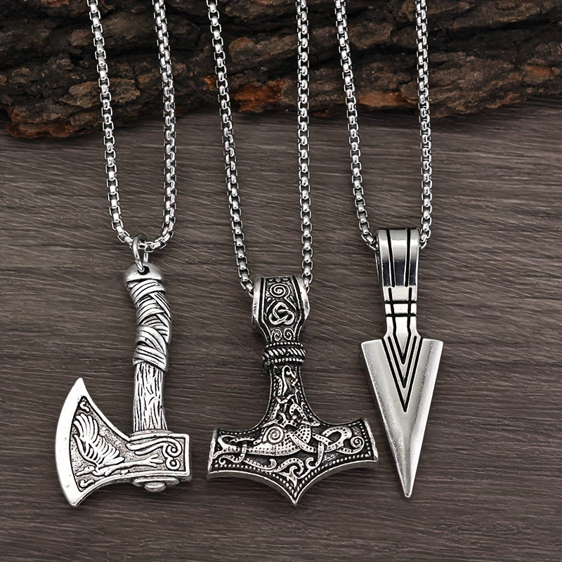 Men's Viking Necklace Set with 3 Pieces - includes Viking Hammer, Nordic Compass, Celtic Knot, Wolf Axe Pendants. This Nordic Amulet Pendant Necklace makes the perfect holiday jewelry gift.