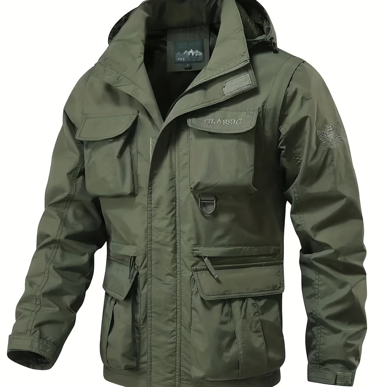 Eco-friendly men's windbreaker jacket with detachable hood and multiple pockets, perfect for outdoor activities.