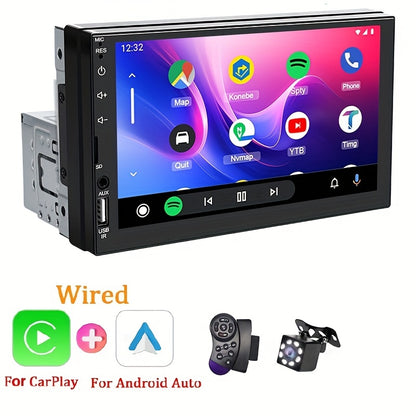 HIPPCRON Single DIN Car MP5 Multimedia Player with 17.78cm HD touch screen, wired CarPlay and AndroidAuto support, Radio Box at bottom, MirrorLink and wireless connection for navigation and