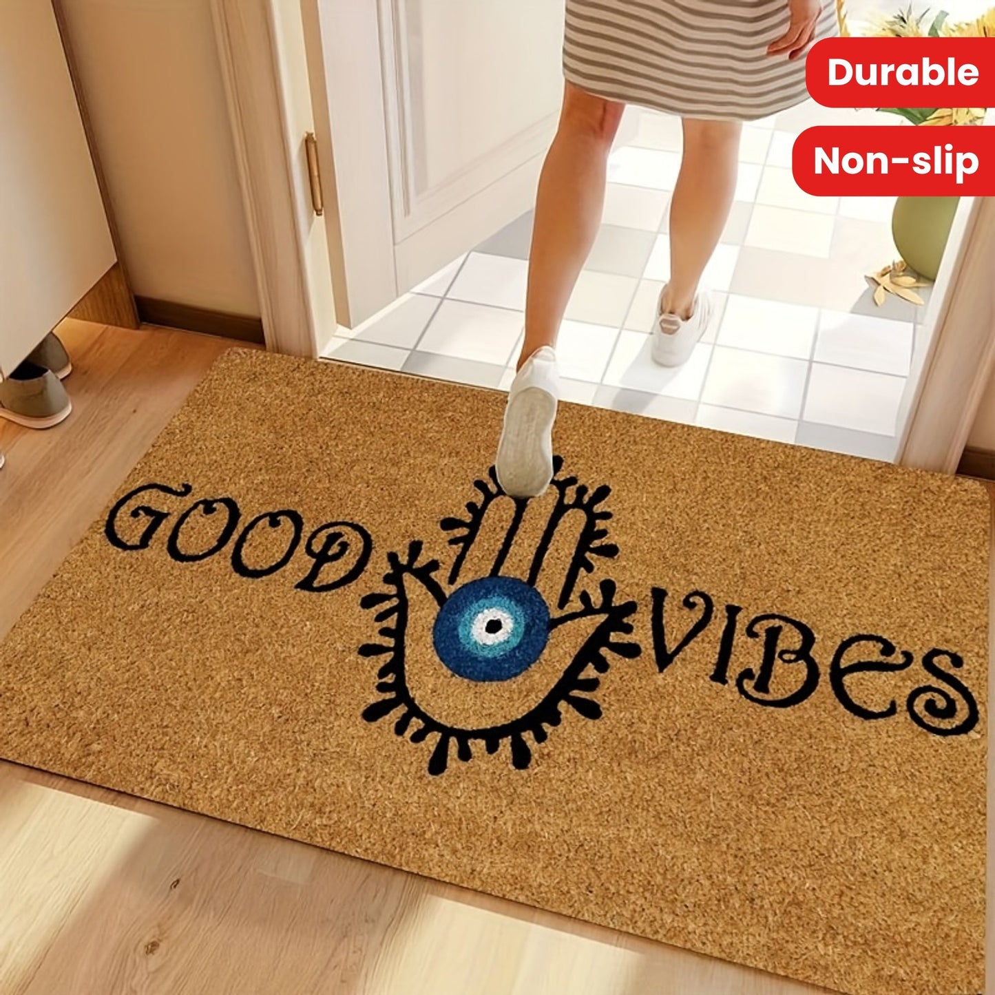 Durable Polyester Evil Eye Welcome Door Mat with Non-Slip Backing - Easy to Clean Entrance Rug for Indoor and Outdoor Use, Stain Resistant