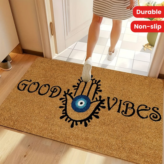 Durable Polyester Evil Eye Welcome Door Mat with Non-Slip Backing - Easy to Clean Entrance Rug for Indoor and Outdoor Use, Stain Resistant