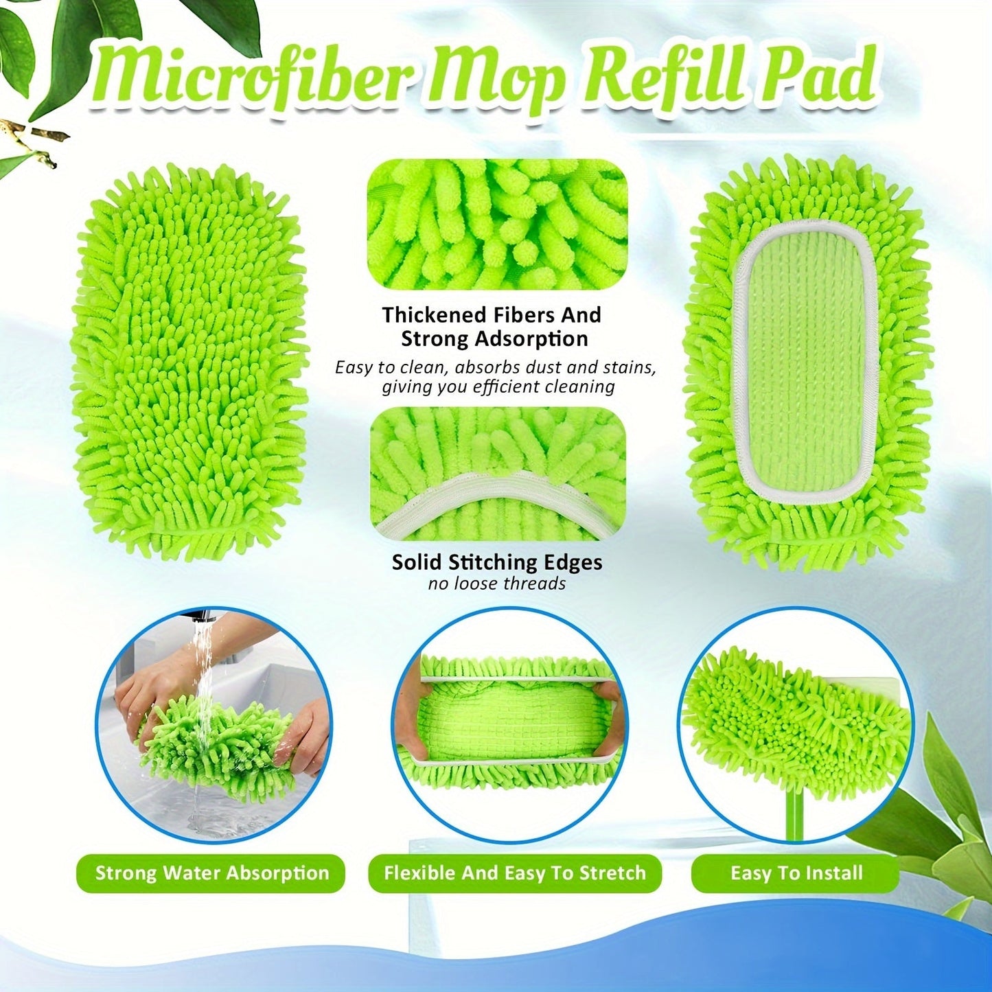 4 ta ultra-absorbent mikroto'qima mop padlari to'plami, qayta ishlatilishi va yuvilishi mumkin, turli sohalarda, masalan, yashash xonasi, yotoqxona, hammom va oshxonada quruq va nam tozalash uchun ideal.