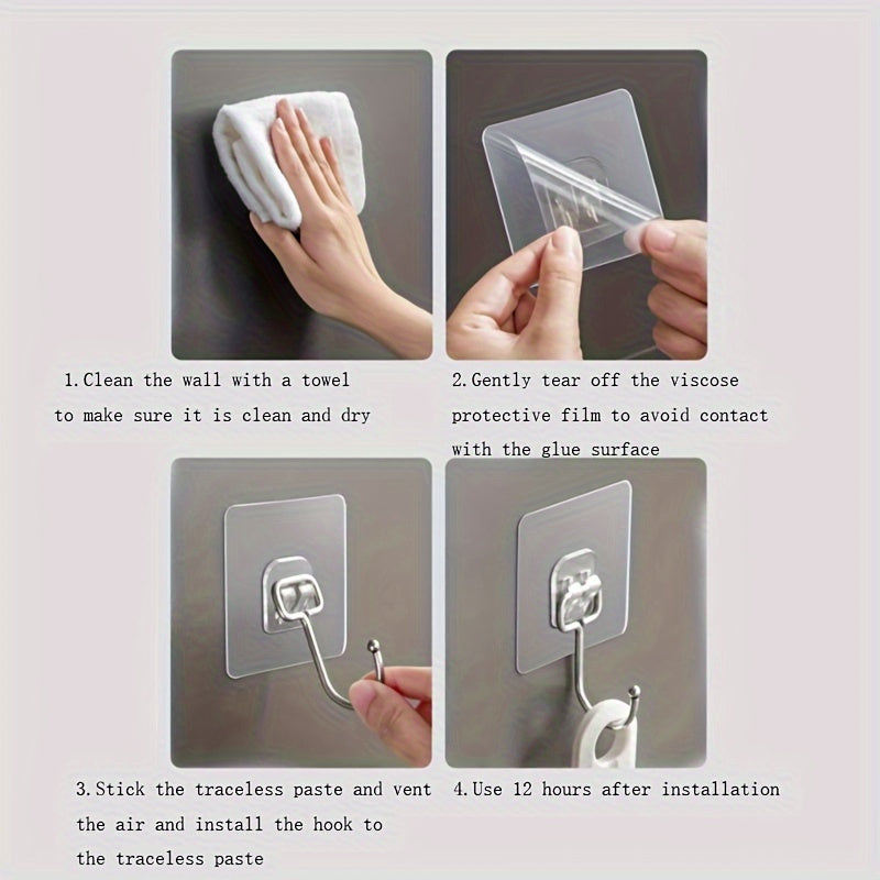 Ultra-Strong Adhesive Wall Hooks available in packs of 5, 10, 20, 30, and 50. Transparent, reusable, punch-free design suitable for bathroom and kitchen use. Waterproof and oilproof