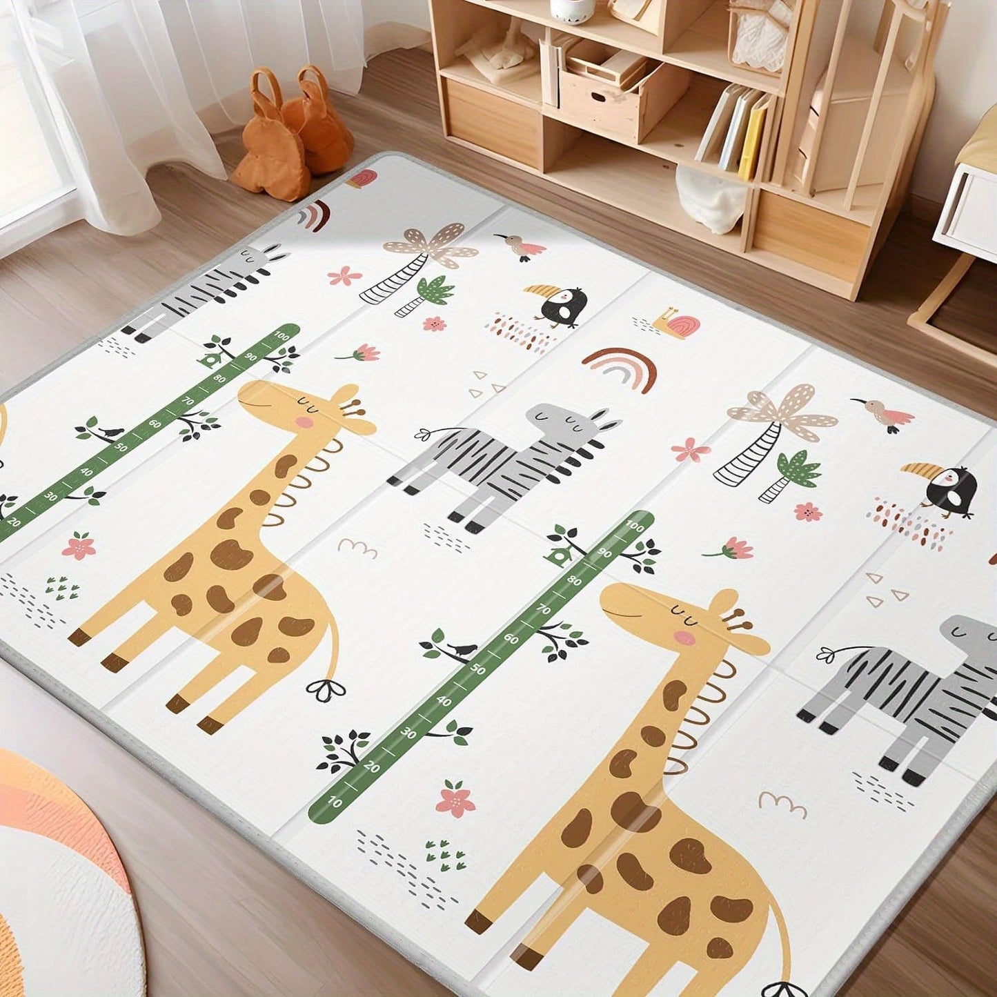 Extra-large double-sided play mat measuring 200.66x180.34cm for youngsters. This waterproof, non-slip, foldable crawling pad features giraffe and geometric designs. The perfect gift for Halloween, Christmas, or Thanksgiving.