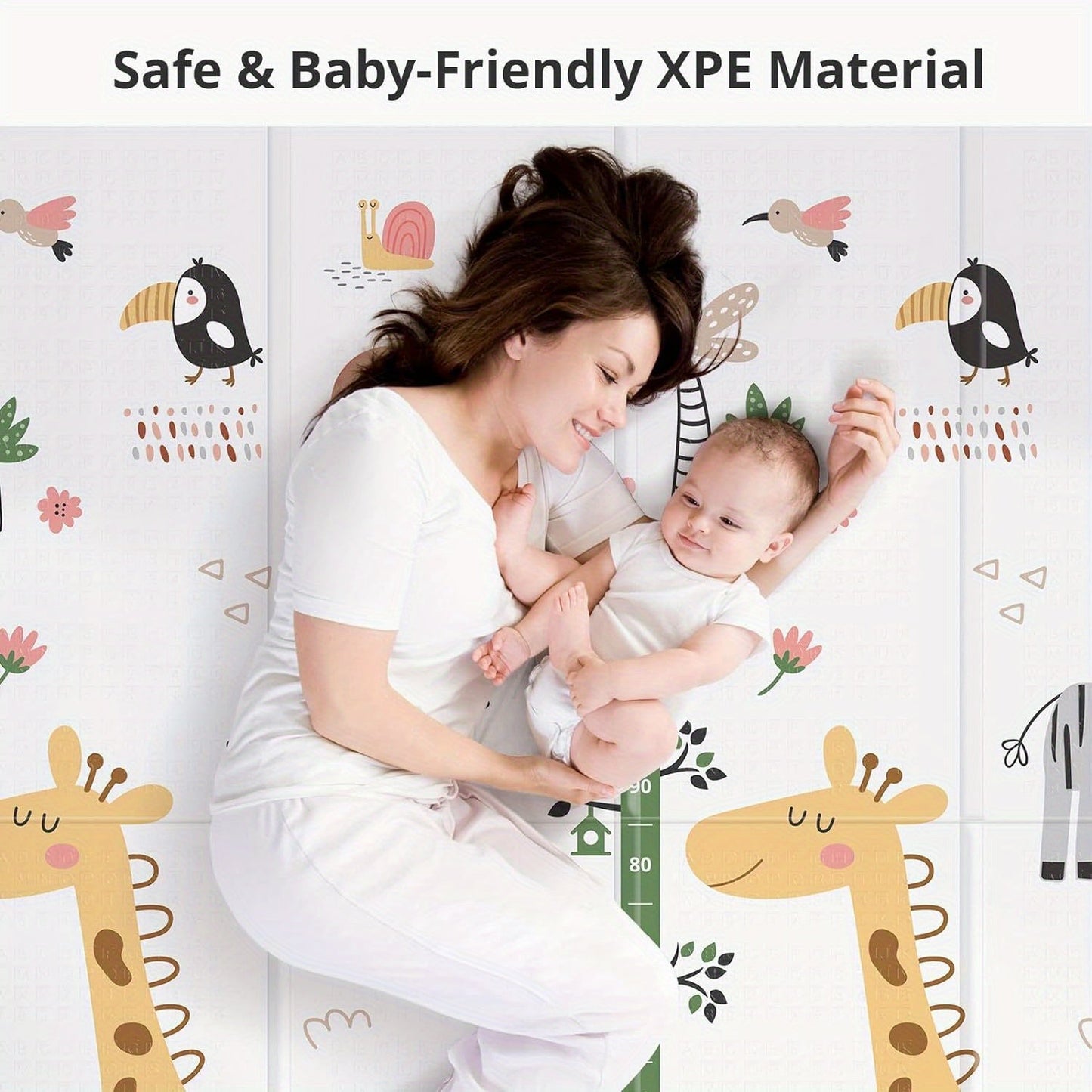 Extra-large double-sided play mat measuring 200.66x180.34cm for youngsters. This waterproof, non-slip, foldable crawling pad features giraffe and geometric designs. The perfect gift for Halloween, Christmas, or Thanksgiving.