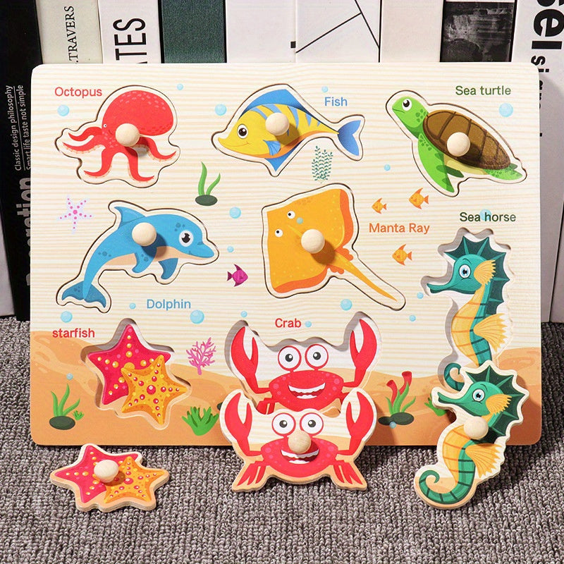 Wooden intelligence puzzle board toy that features three-dimensional puzzles to help recognize vegetables, numbers, letters, transportation vehicles, and ocean animals.