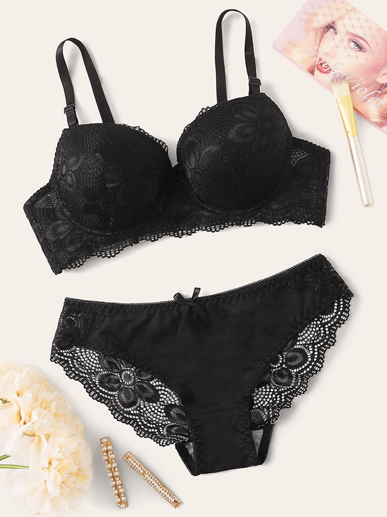 Floral lace underwire cami bra and panties set for women, sexy lingerie.