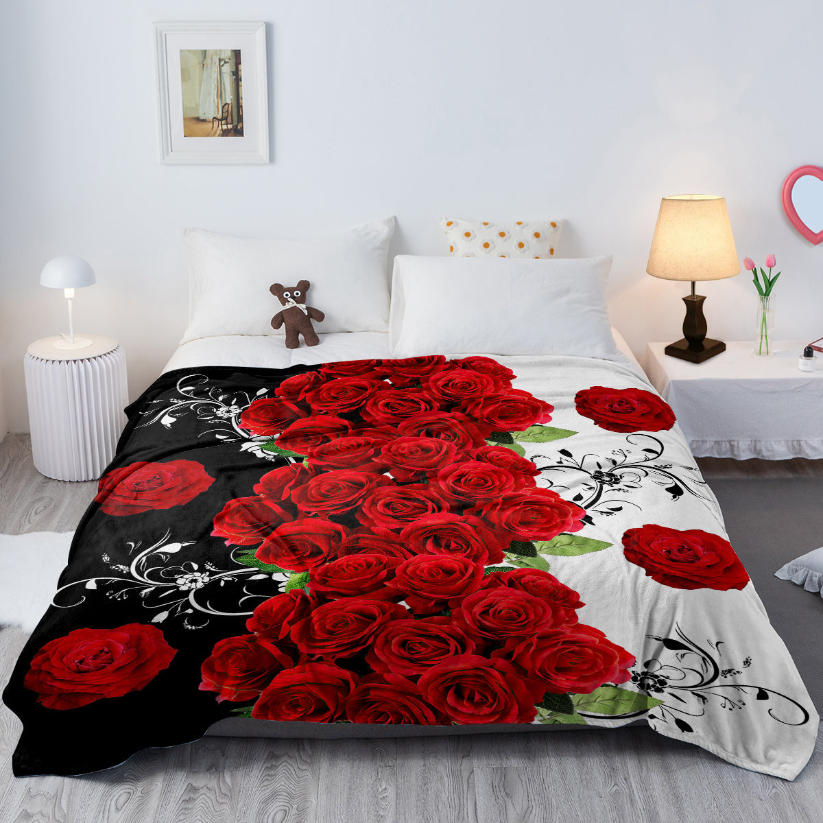 Contemporary Floral Flannel Blanket featuring a Rose Pattern - Made from 100% Polyester with Digital Print for a Soft Throw that is Machine Washable and Stain-Resistant. This Multipurpose Bedding showcases a Vivid Red Roses Design and is perfect for all