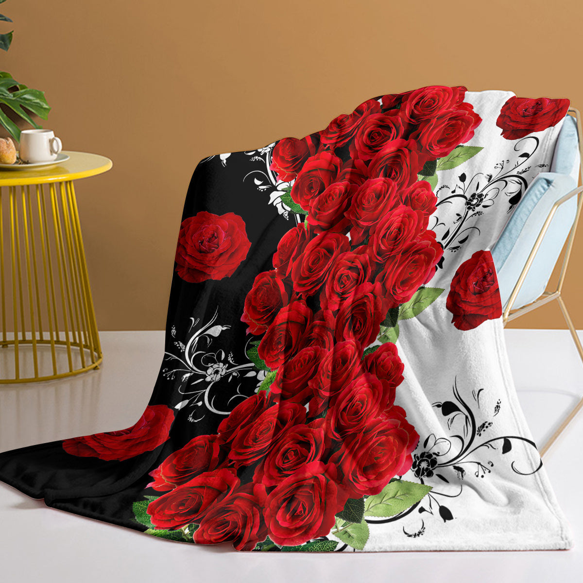 Contemporary Floral Flannel Blanket featuring a Rose Pattern - Made from 100% Polyester with Digital Print for a Soft Throw that is Machine Washable and Stain-Resistant. This Multipurpose Bedding showcases a Vivid Red Roses Design and is perfect for all