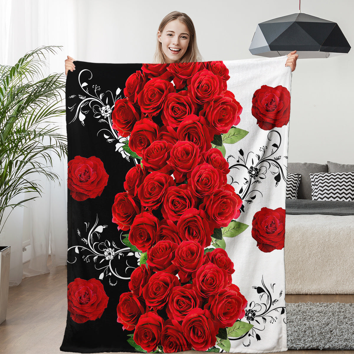 Contemporary Floral Flannel Blanket featuring a Rose Pattern - Made from 100% Polyester with Digital Print for a Soft Throw that is Machine Washable and Stain-Resistant. This Multipurpose Bedding showcases a Vivid Red Roses Design and is perfect for all