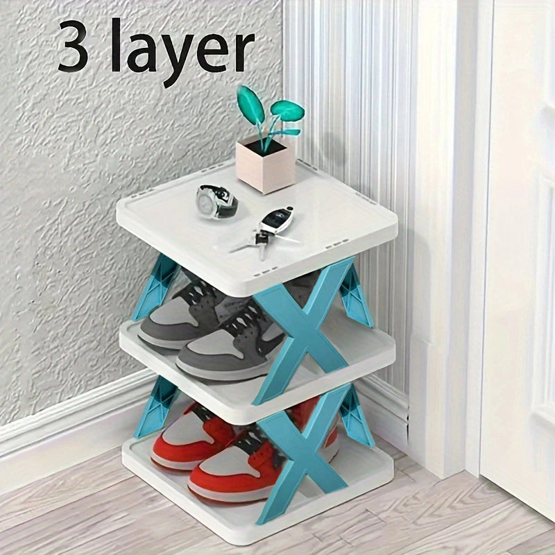 This versatile 3-tier plastic folding shoe rack is stackable and detachable, making it perfect for saving space and staying organized in your home. It is ideal for entryways, hallways, bedrooms, living rooms, homes, and dormitories, and is a great