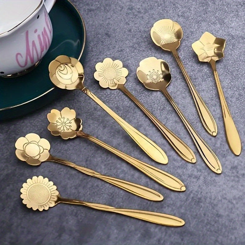 Set of 8 elegant flower design stainless steel coffee spoons - Perfect for stirring dessert, tea, and honey in the kitchen