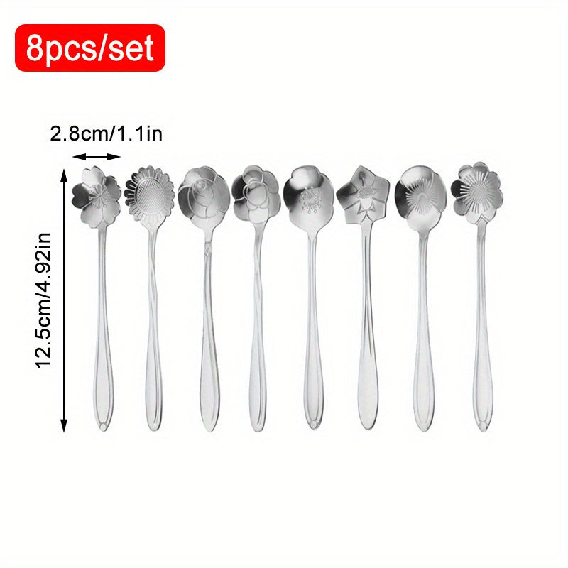 Set of 8 elegant flower design stainless steel coffee spoons - Perfect for stirring dessert, tea, and honey in the kitchen