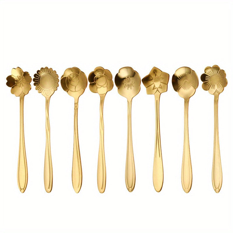 Set of 8 elegant flower design stainless steel coffee spoons - Perfect for stirring dessert, tea, and honey in the kitchen