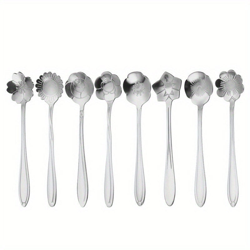 Set of 8 elegant flower design stainless steel coffee spoons - Perfect for stirring dessert, tea, and honey in the kitchen