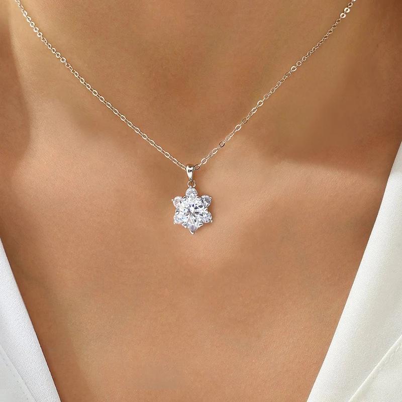 Sterling Silver Necklace with 1 Carat Moissanite Snowflake Pendant, Elegant Jewelry perfect for Daily Wear or Gifting