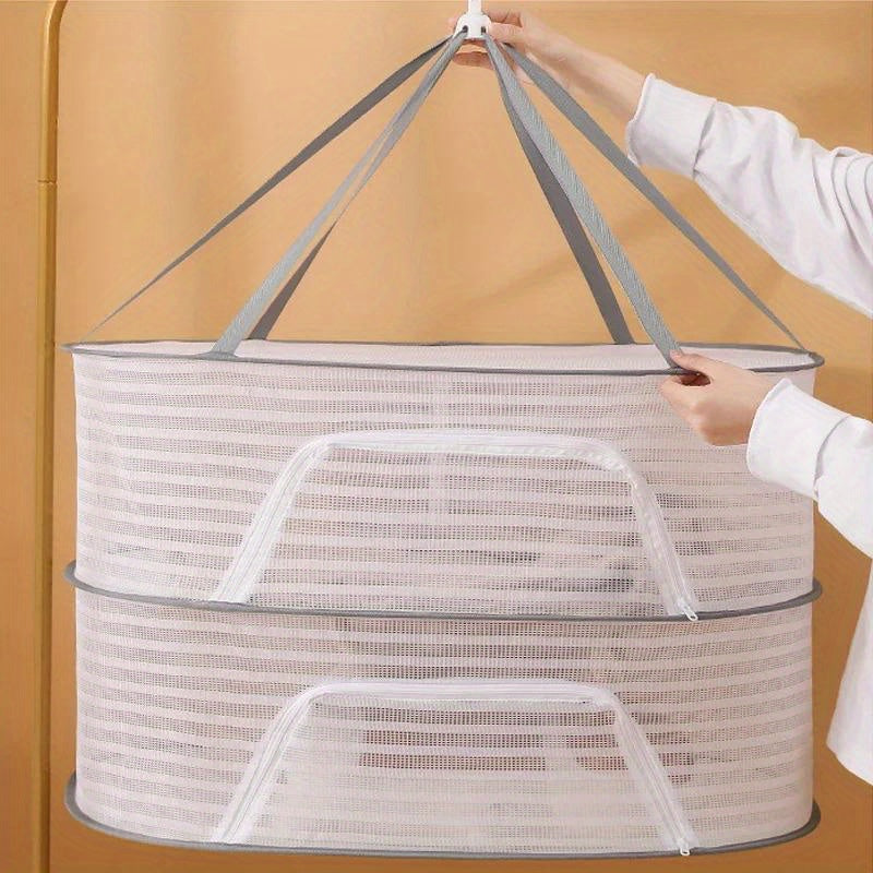 Multi-Layer Mesh Drying Rack with Anti-Mosquito Protection - Made of Strong, Durable Polyester Net for Preserving Salted Fish and Vegetables. Features 3-Tier Design for Hanging and Drying Outdoors. Ideal for Kitchen Storage and Comes with Utility Hooks.