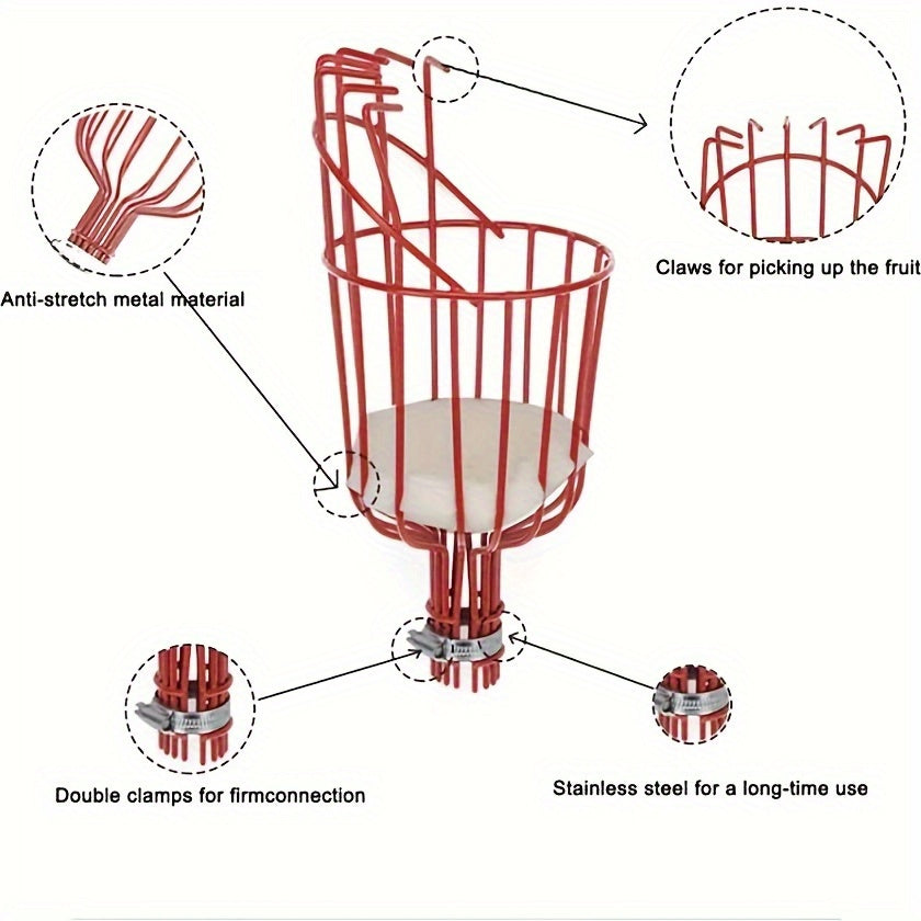 Регулируемый инструмент для сбора фруктов с алюминиевым шестом и корзиной для легкого сбора урожая с высоких веток без использования электроэнергии.