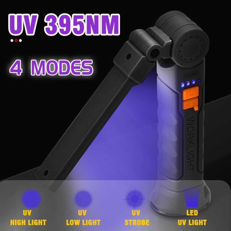 Rechargeable LED UV flashlight with magnetic base for multiple uses such as jewelry making and pet stain detection.