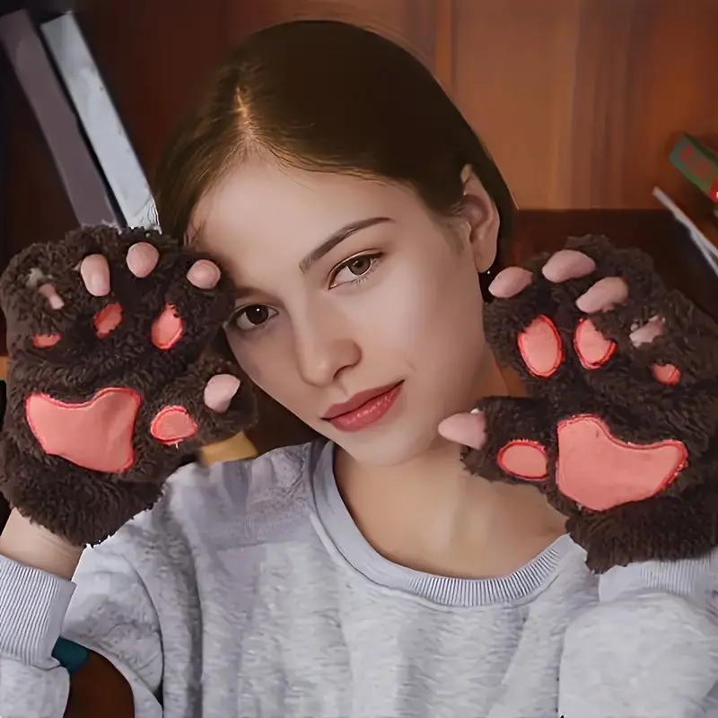 Soft, warm, and comfortable Cozy Cat Claw Plush Half-Finger Gloves - Perfect for Autumn/Winter | A Cute Fashion Statement for Women