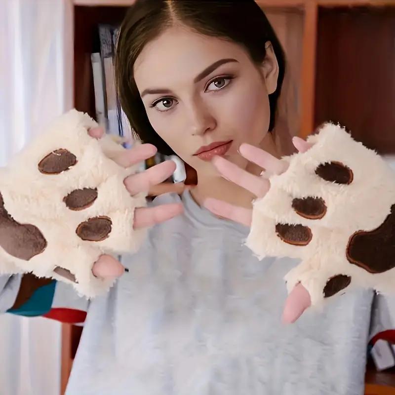 Soft, warm, and comfortable Cozy Cat Claw Plush Half-Finger Gloves - Perfect for Autumn/Winter | A Cute Fashion Statement for Women