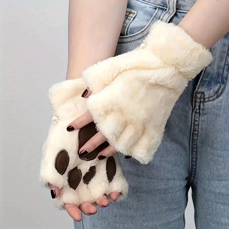 Soft, warm, and comfortable Cozy Cat Claw Plush Half-Finger Gloves - Perfect for Autumn/Winter | A Cute Fashion Statement for Women