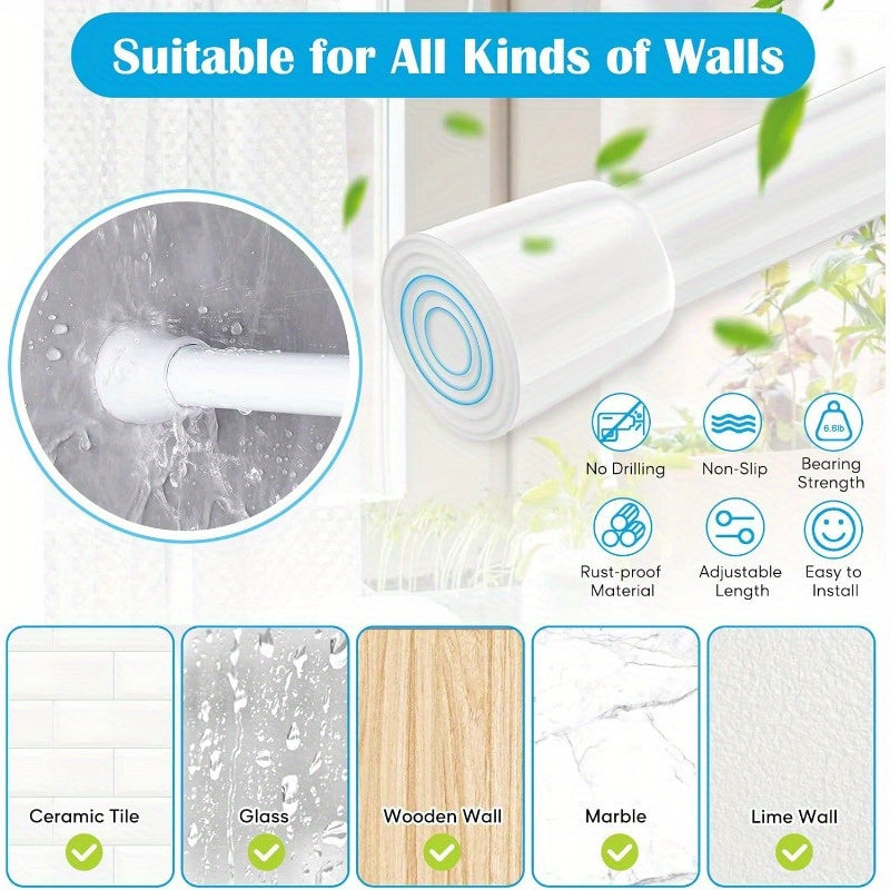 Aluminum shower curtain rod with adjustable length (100-190cm), no drilling necessary, ideal for bathrooms, closets, and kitchens.