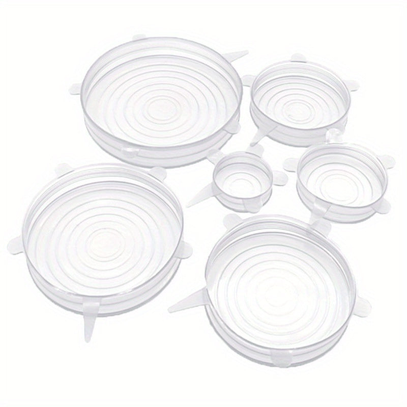 Six reusable silicone stretch lids for containers, safe for use in the microwave and freezer. Keep your food fresh with these versatile kitchen gadgets. Free from BPA.