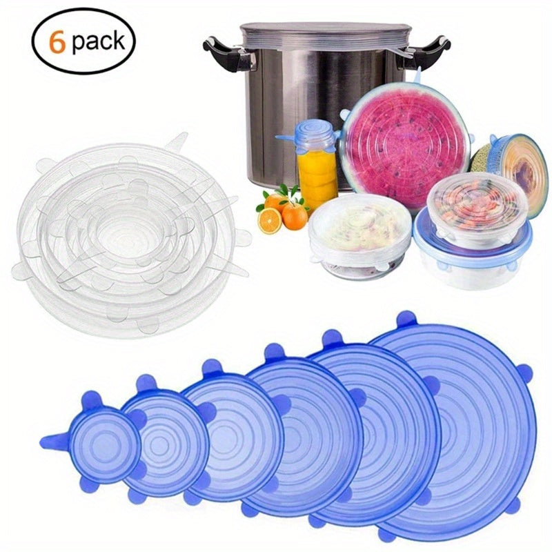 Six reusable silicone stretch lids for containers, safe for use in the microwave and freezer. Keep your food fresh with these versatile kitchen gadgets. Free from BPA.