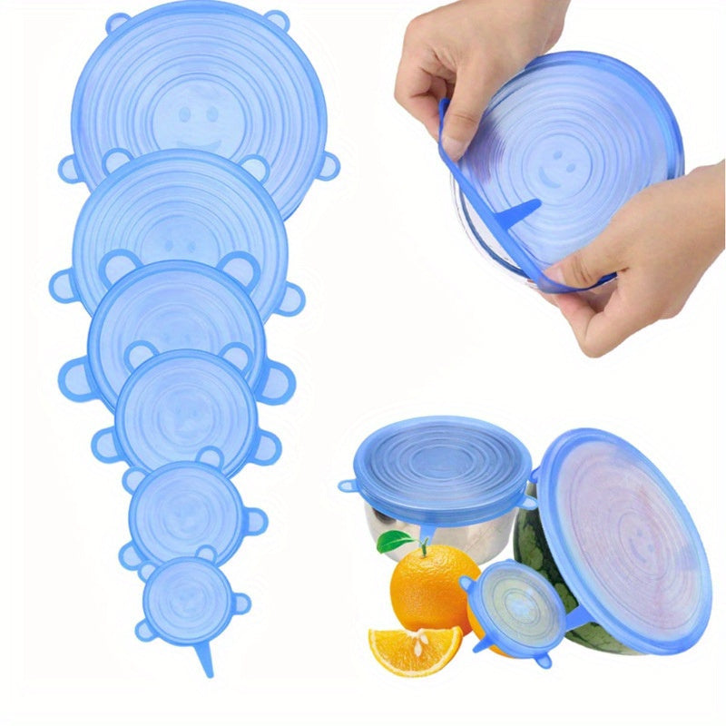 Six reusable silicone stretch lids for containers, safe for use in the microwave and freezer. Keep your food fresh with these versatile kitchen gadgets. Free from BPA.