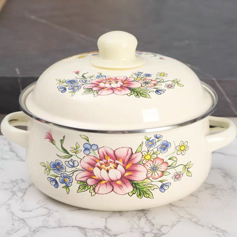 This 3-piece Enamel Cookware Set features a beautiful Floral Design, including pots perfect for soup, stew, and boiling. These versatile pots are ideal for use in the kitchen, and can be used on gas, electric stoves, and open fires. Please note that they