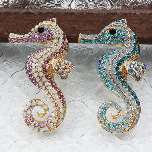 Vintage Seahorse Brooch with Glittering Rhinestones - Retro Ocean-Inspired Style Statement, Seahorse Pin