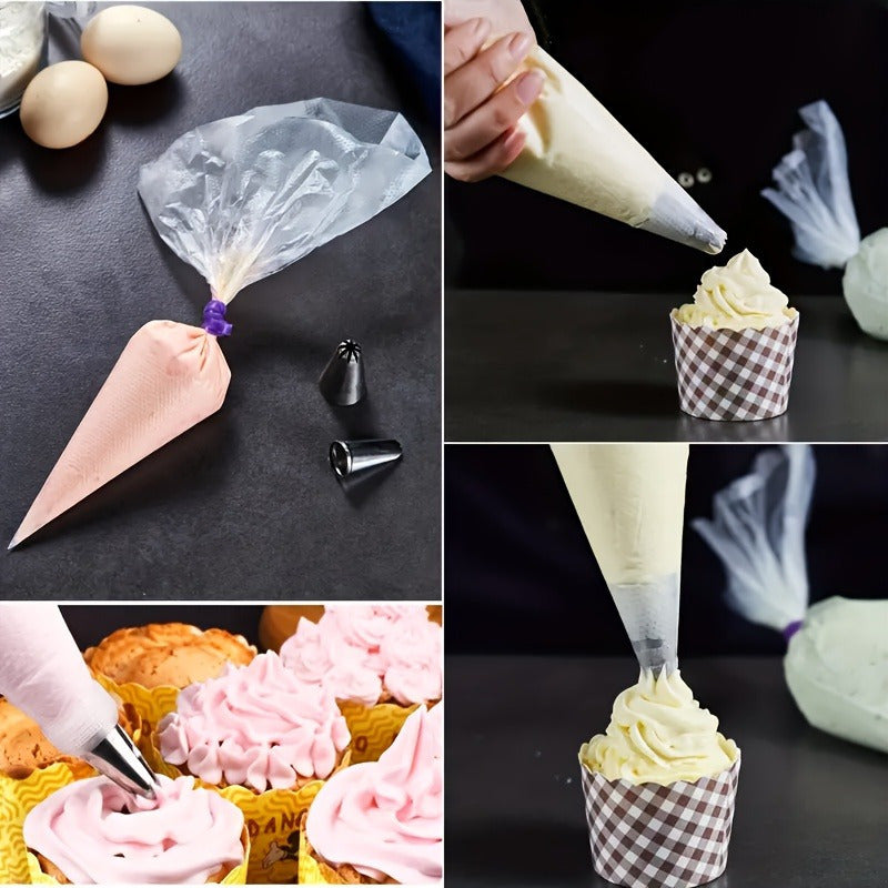 Premium set of 100 durable, thickened disposable icing bags for cake decoration. High-quality kitchen gadgets that are essential for baking, piping, and pastry work.