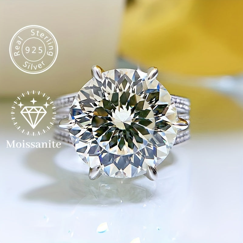 Exquisite 10 Carat Round Cut Moissanite Engagement Ring crafted from 925 Sterling Silver and accented with 18K Gold Plating, an Ideal Choice for Proposals and Romantic Getaways.