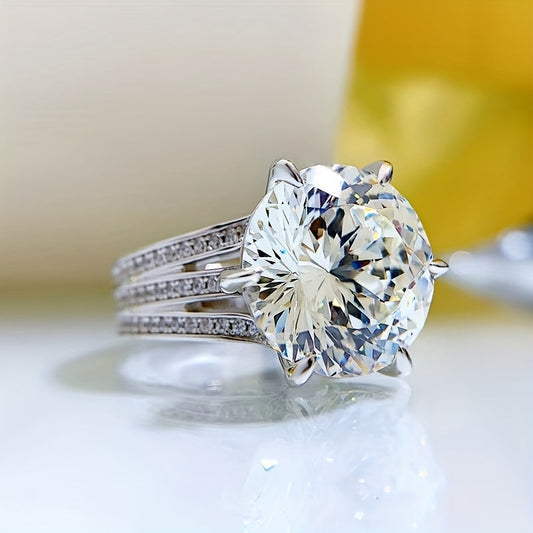 Exquisite 10 Carat Round Cut Moissanite Engagement Ring crafted from 925 Sterling Silver and accented with 18K Gold Plating, an Ideal Choice for Proposals and Romantic Getaways.