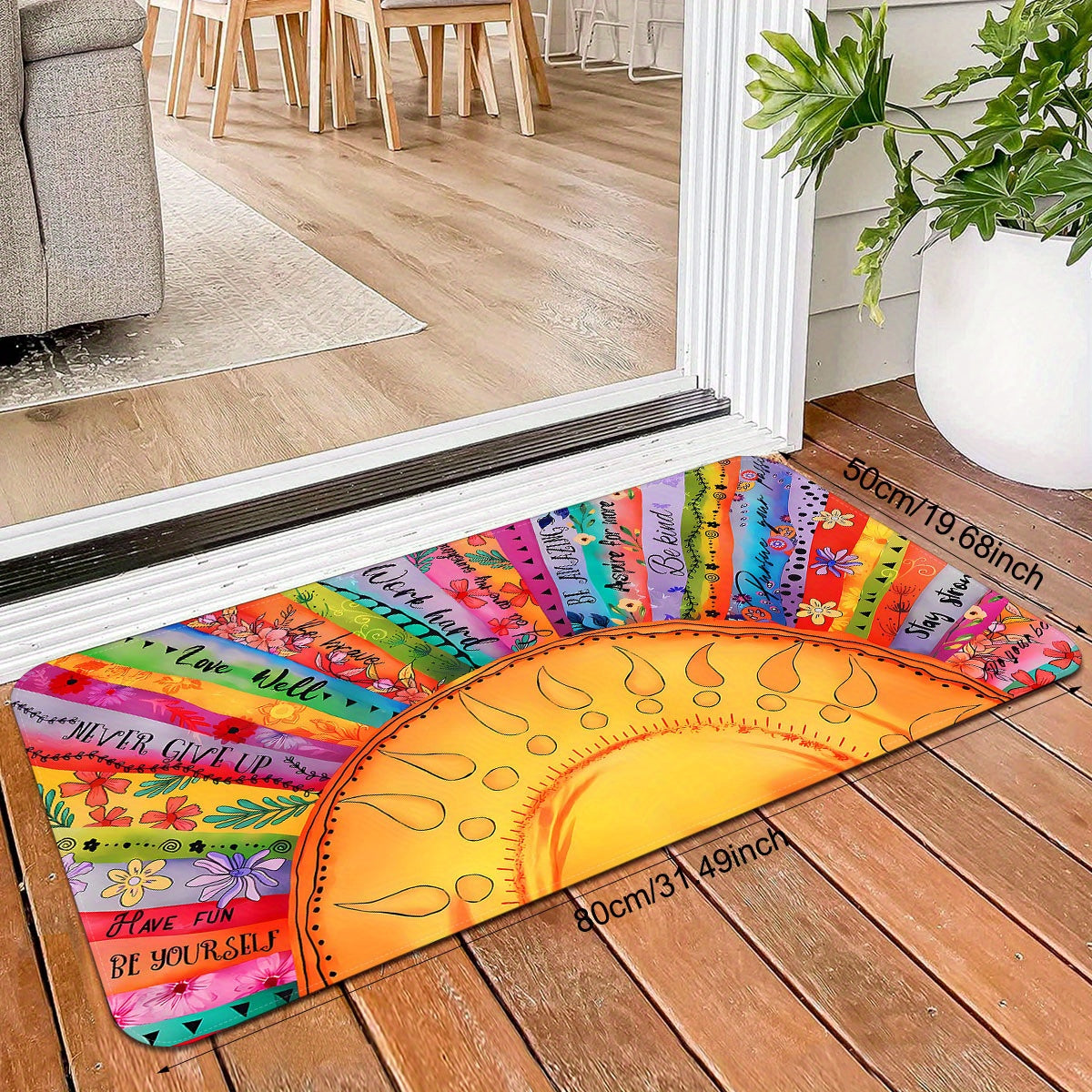 Polyester Non-Slip Lightweight Sunflower Door Mat in Bohemian Ethnic Style. Stain Resistant and Easy to Clean. Perfect for Entryway, Kitchen, or Laundry Room. Ideal for Holiday Decor or Special Occasions such as Christmas, Halloween, Thanksgiving