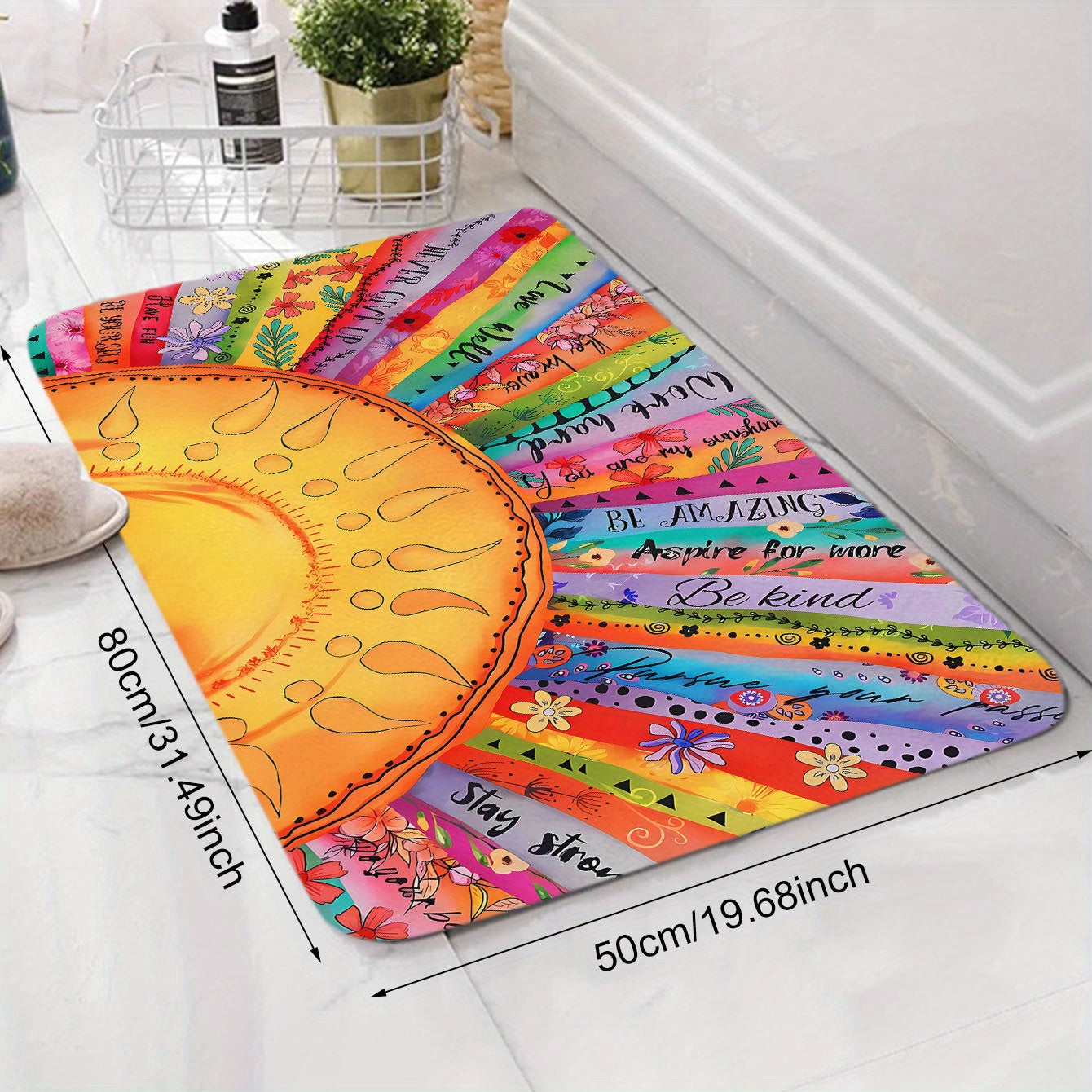 Polyester Non-Slip Lightweight Sunflower Door Mat in Bohemian Ethnic Style. Stain Resistant and Easy to Clean. Perfect for Entryway, Kitchen, or Laundry Room. Ideal for Holiday Decor or Special Occasions such as Christmas, Halloween, Thanksgiving