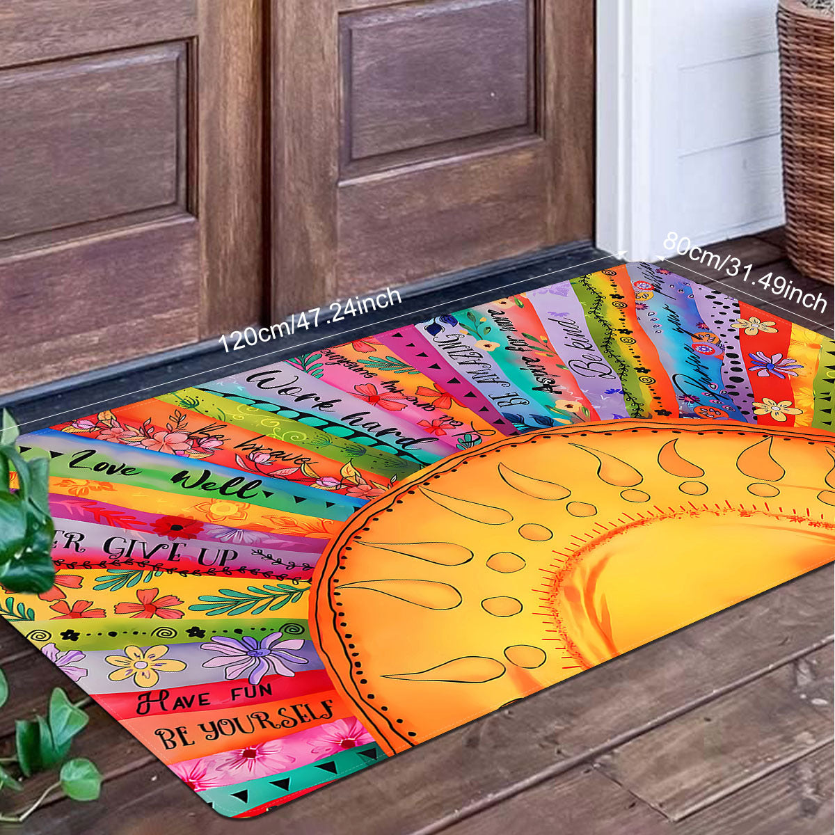 Polyester Non-Slip Lightweight Sunflower Door Mat in Bohemian Ethnic Style. Stain Resistant and Easy to Clean. Perfect for Entryway, Kitchen, or Laundry Room. Ideal for Holiday Decor or Special Occasions such as Christmas, Halloween, Thanksgiving