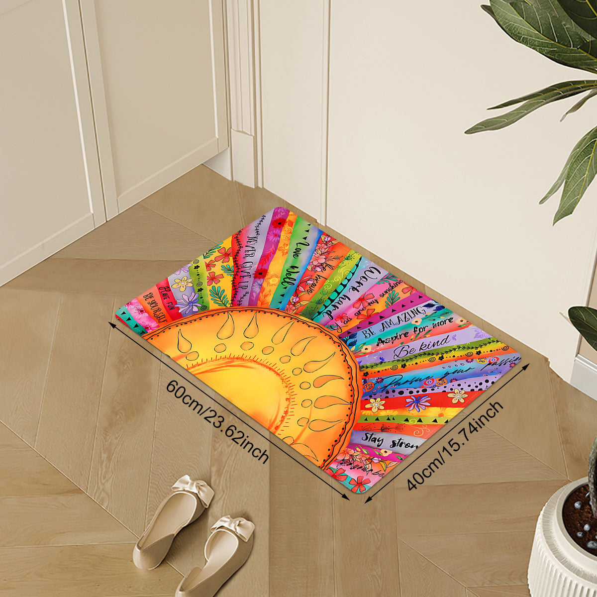 Polyester Non-Slip Lightweight Sunflower Door Mat in Bohemian Ethnic Style. Stain Resistant and Easy to Clean. Perfect for Entryway, Kitchen, or Laundry Room. Ideal for Holiday Decor or Special Occasions such as Christmas, Halloween, Thanksgiving