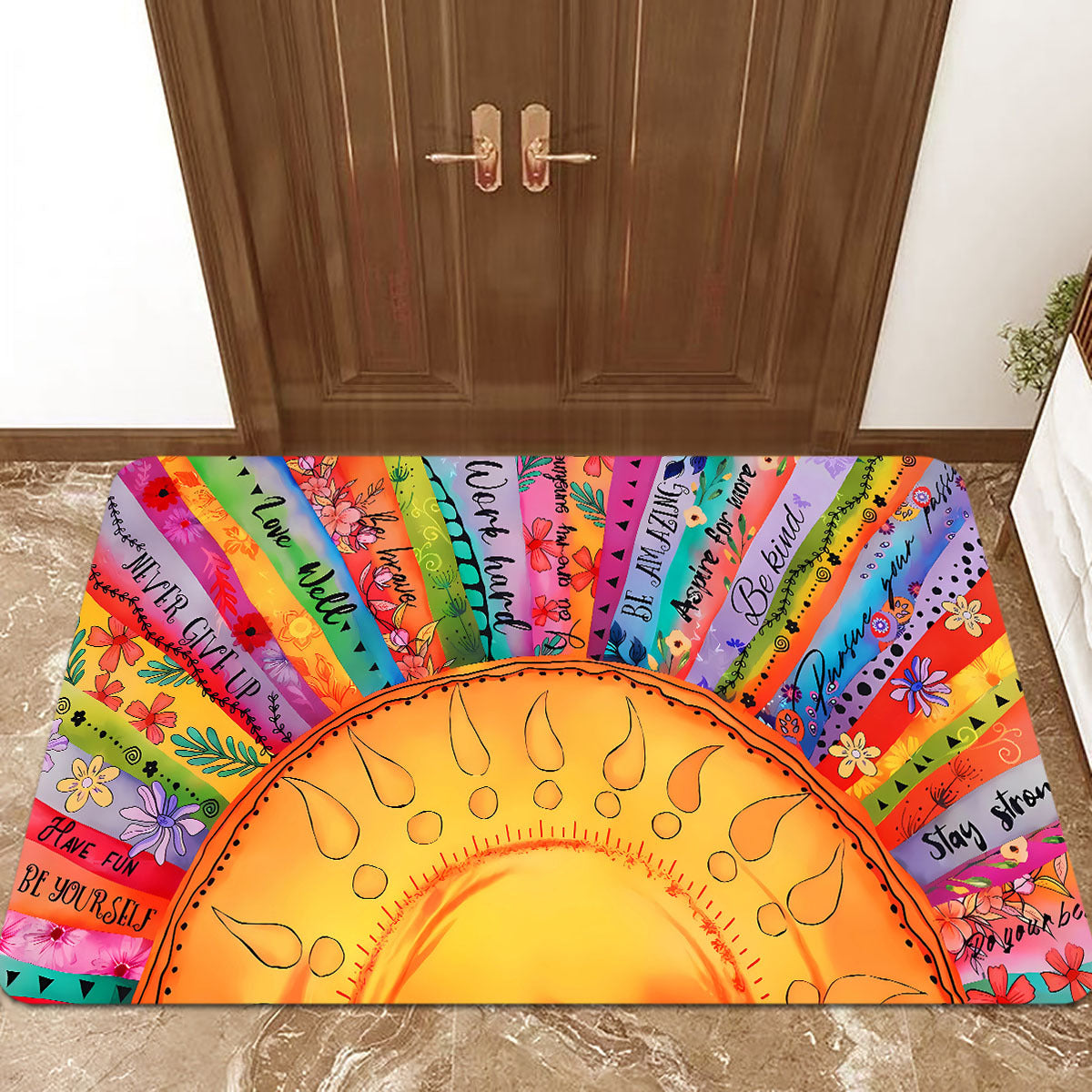 Polyester Non-Slip Lightweight Sunflower Door Mat in Bohemian Ethnic Style. Stain Resistant and Easy to Clean. Perfect for Entryway, Kitchen, or Laundry Room. Ideal for Holiday Decor or Special Occasions such as Christmas, Halloween, Thanksgiving