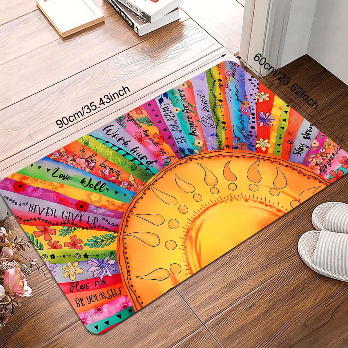 Polyester Non-Slip Lightweight Sunflower Door Mat in Bohemian Ethnic Style. Stain Resistant and Easy to Clean. Perfect for Entryway, Kitchen, or Laundry Room. Ideal for Holiday Decor or Special Occasions such as Christmas, Halloween, Thanksgiving