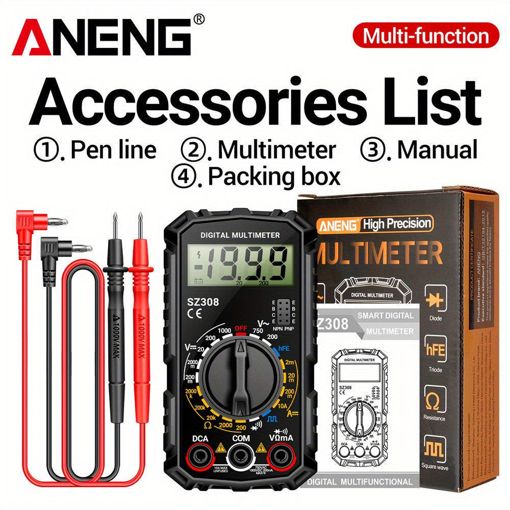 ANENG SZ308 is a high-precision digital multimeter with multifunctional AC-DC voltage, current, and resistance testing capabilities, and does not require batteries.